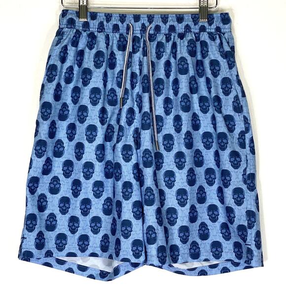 PETER MILLAR Seaside Swim Trunks Skull & Shark Tooth Print Mens Sz M Blue Beach - Picture 1 of 10